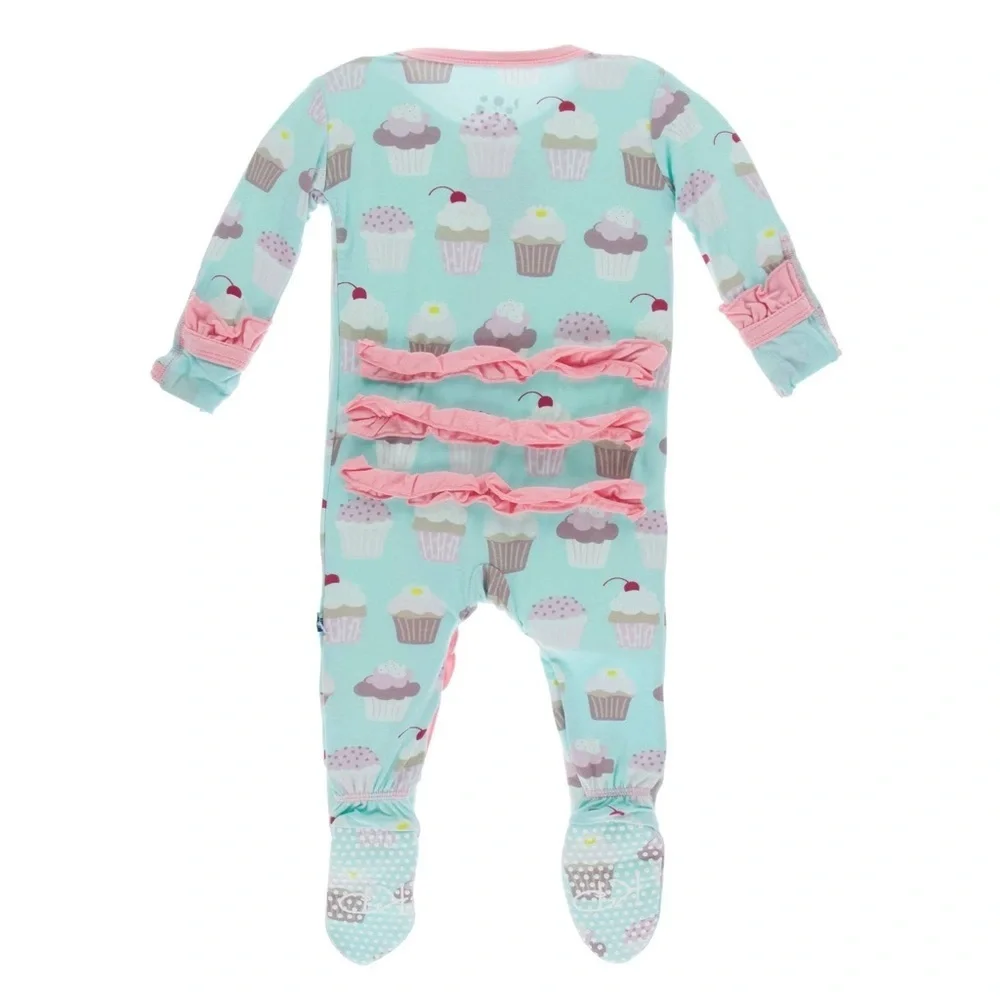 KicKee Pants Ruffle Footie Girls 0-3M Bamboo Summer Sky Cupcake Sleeper Pajamas